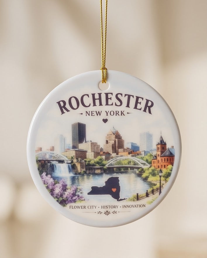 Rochester New York Ceramic Ornament – 3" Round City Skyline Keepsake