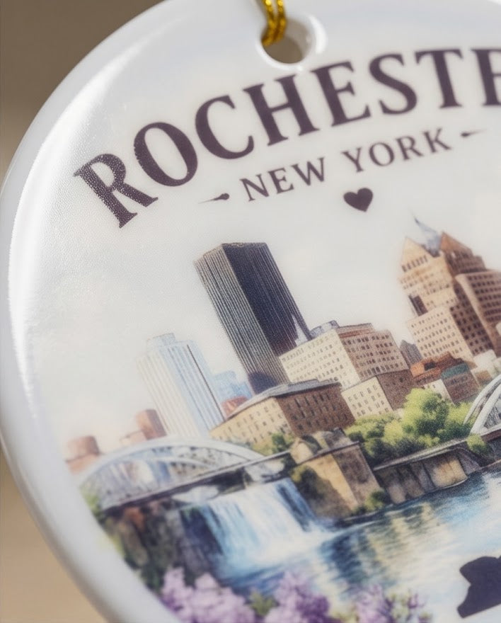Rochester New York Ceramic Ornament – 3" Round City Skyline Keepsake
