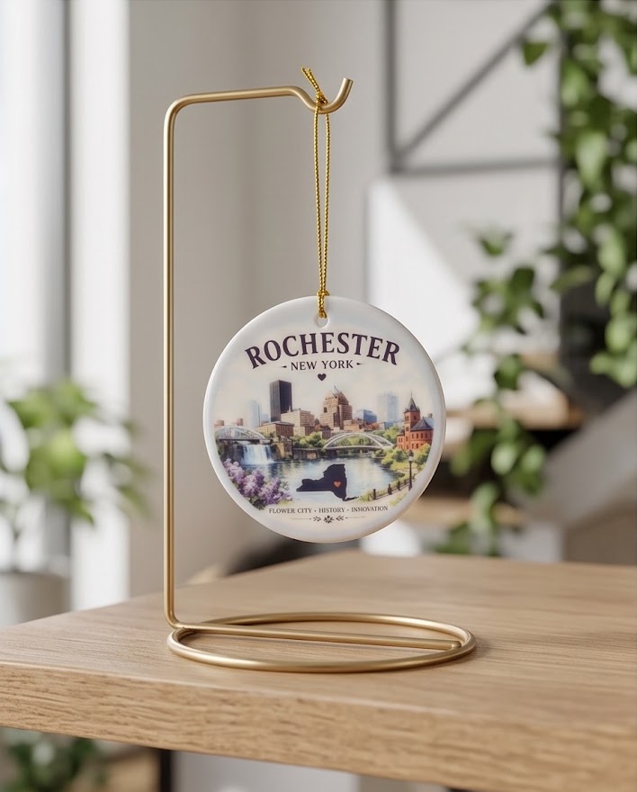 Rochester New York Ceramic Ornament – 3" Round City Skyline Keepsake