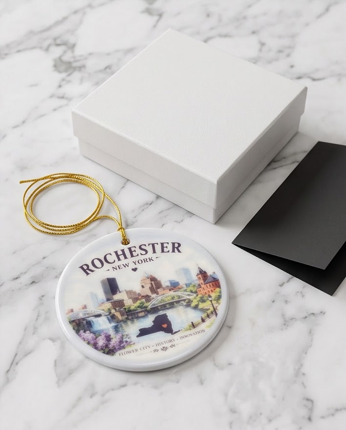 Rochester New York Ceramic Ornament – 3" Round City Skyline Keepsake