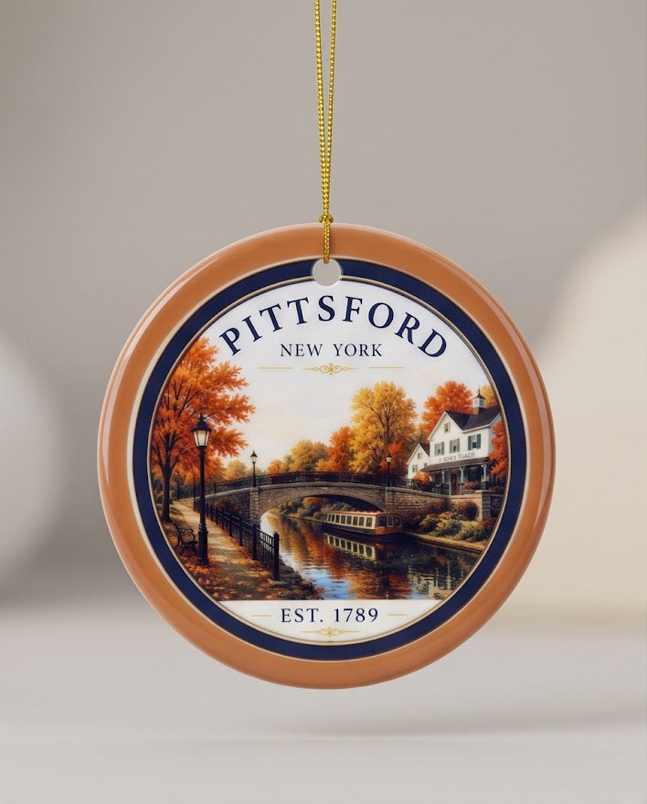 Pittsford New York Ceramic Ornament – 3" Round Canal Scene Keepsake