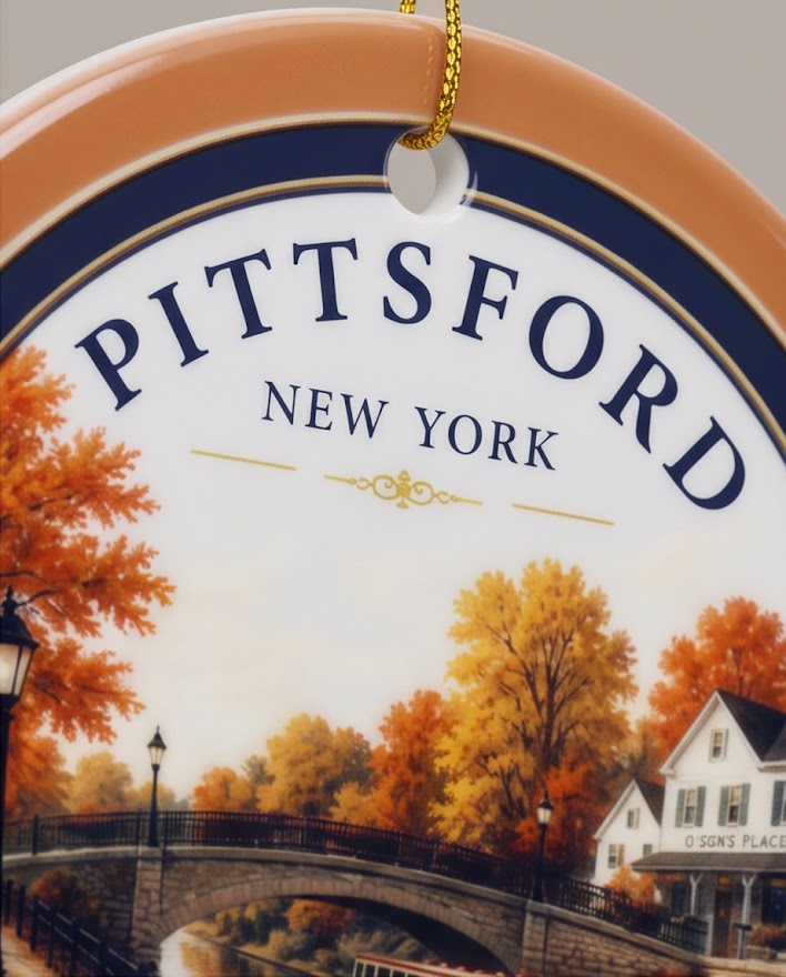 Pittsford New York Ceramic Ornament – 3" Round Canal Scene Keepsake