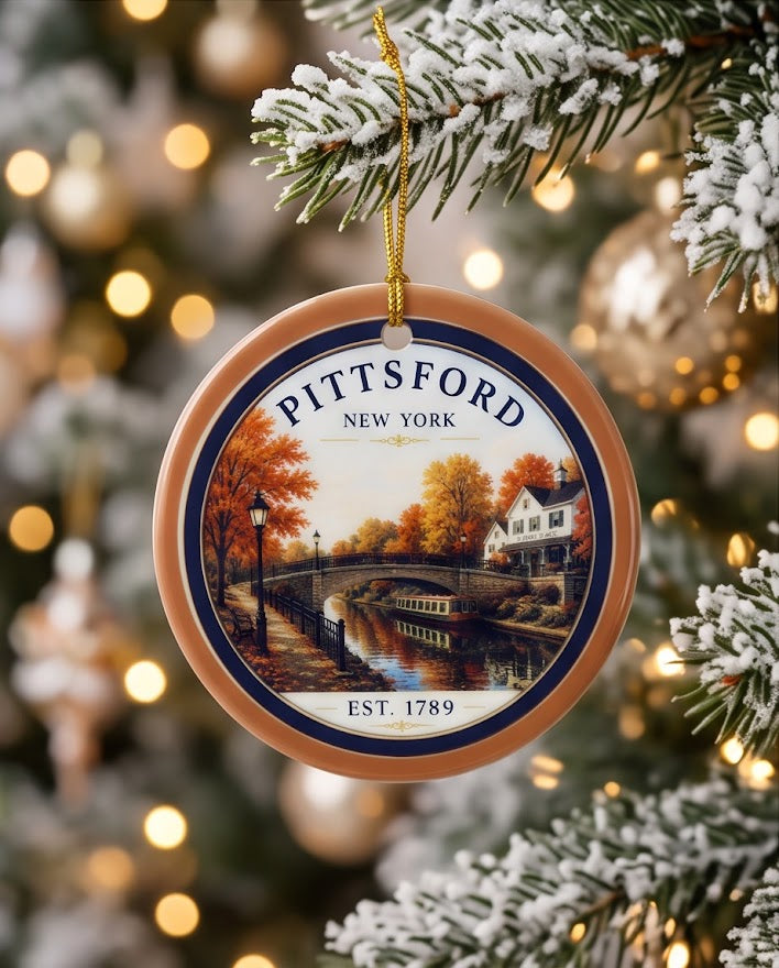 Pittsford New York Ceramic Ornament – 3" Round Canal Scene Keepsake