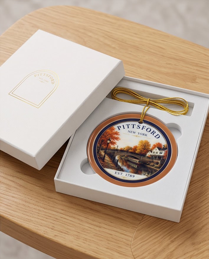 Pittsford New York Ceramic Ornament – 3" Round Canal Scene Keepsake