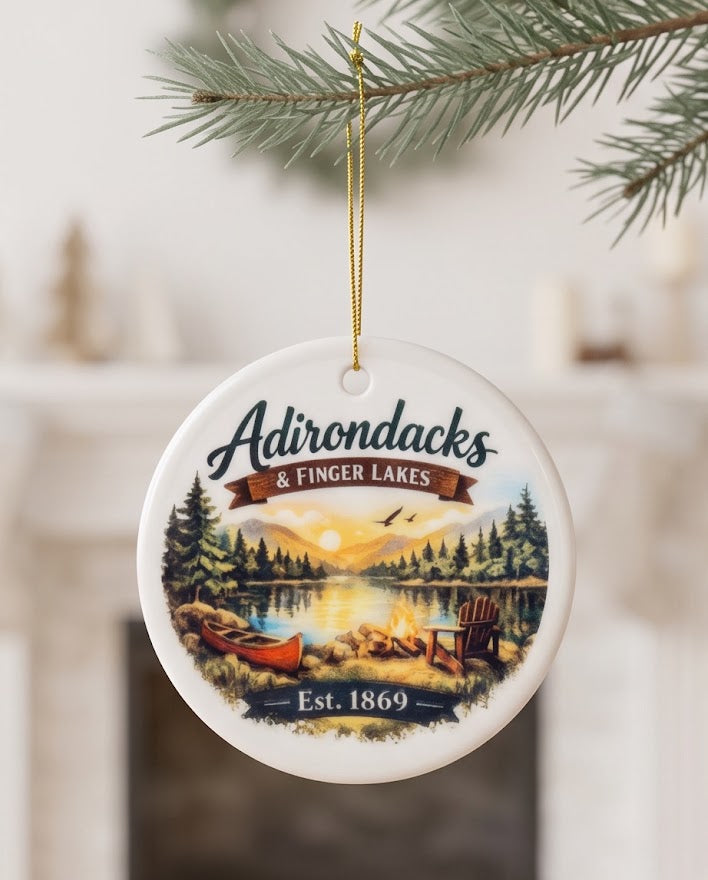 Adirondacks & Finger Lakes Ceramic Ornament – 3" Round Upstate New York Scenic Keepsake