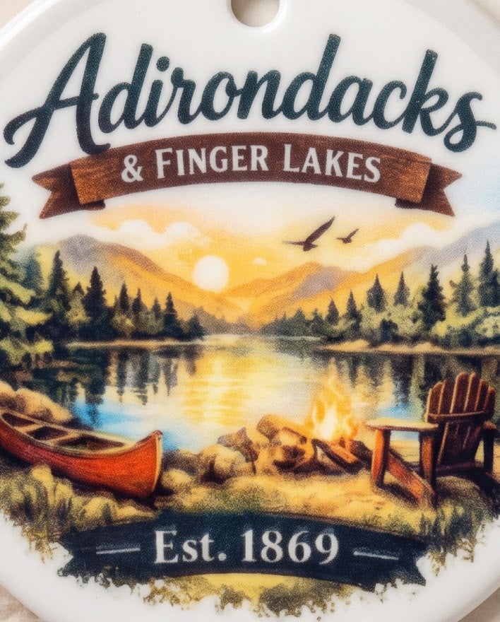 Adirondacks & Finger Lakes Ceramic Ornament – 3" Round Upstate New York Scenic Keepsake