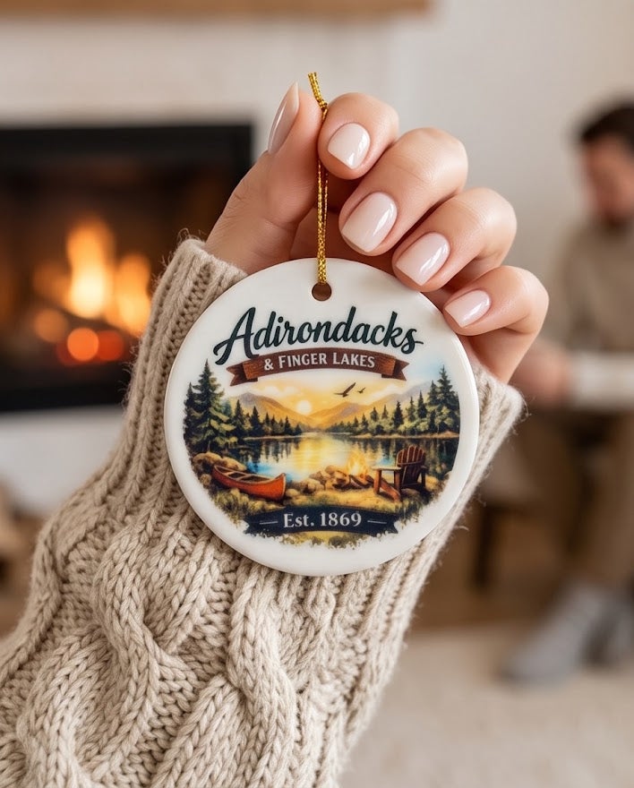 Adirondacks & Finger Lakes Ceramic Ornament – 3" Round Upstate New York Scenic Keepsake