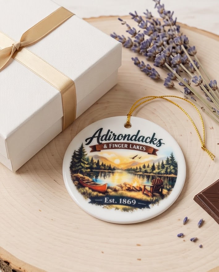 Adirondacks & Finger Lakes Ceramic Ornament – 3" Round Upstate New York Scenic Keepsake
