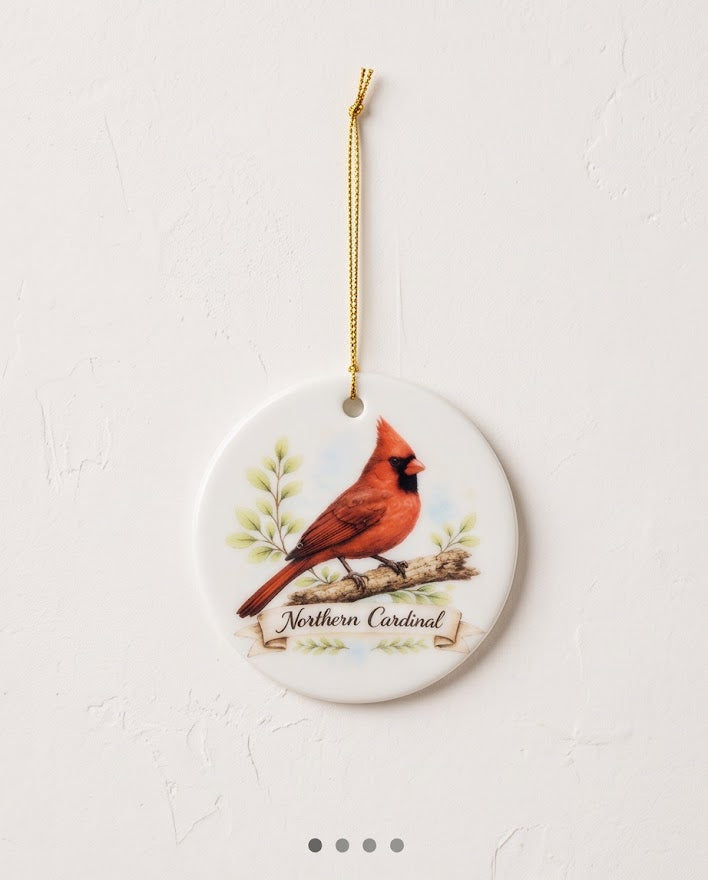 Northern Cardinal Ceramic Ornament – 3" Round Red Bird Keepsake