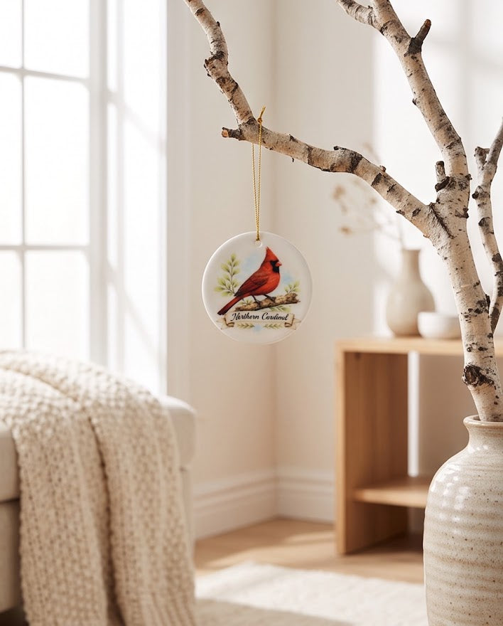 Northern Cardinal Ceramic Ornament – 3" Round Red Bird Keepsake