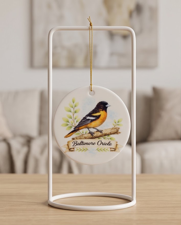 Baltimore Oriole Ceramic Ornament – 3" Round Upstate New York Bird Keepsake