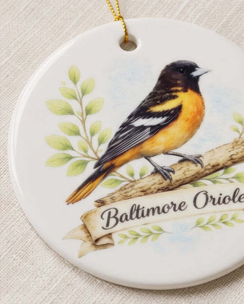 Baltimore Oriole Ceramic Ornament – 3" Round Upstate New York Bird Keepsake