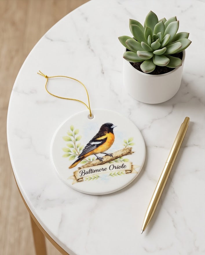 Baltimore Oriole Ceramic Ornament – 3" Round Upstate New York Bird Keepsake