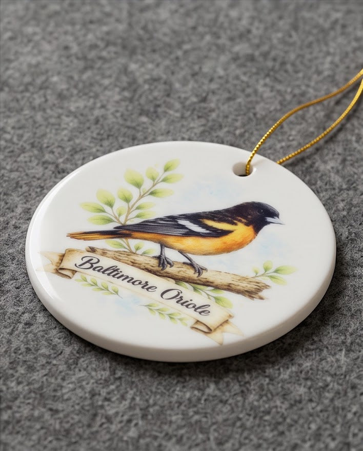 Baltimore Oriole Ceramic Ornament – 3" Round Upstate New York Bird Keepsake