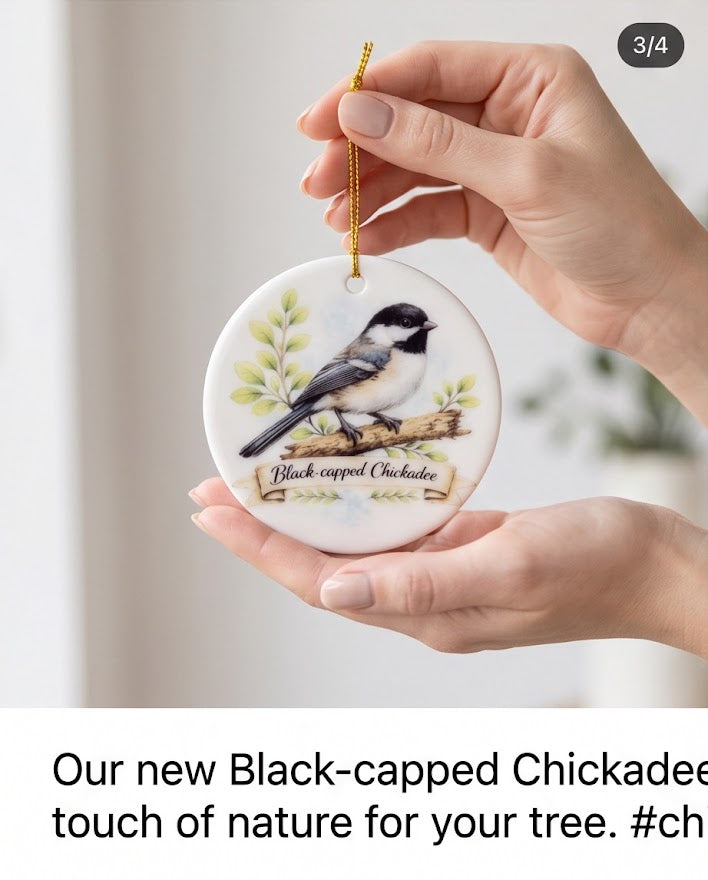 Black-capped Chickadee Ceramic Ornament – 3" Round Woodland Bird Keepsake