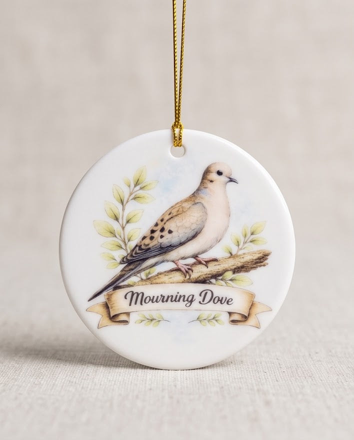 Mourning Dove Ceramic Ornament – 3" Round Woodland Keepsake