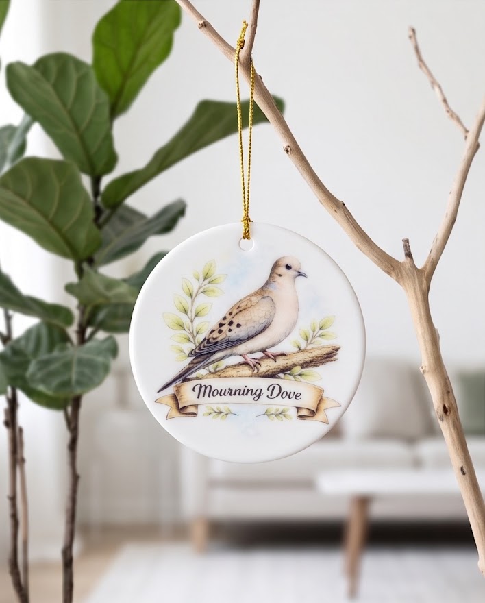 Mourning Dove Ceramic Ornament – 3" Round Woodland Keepsake