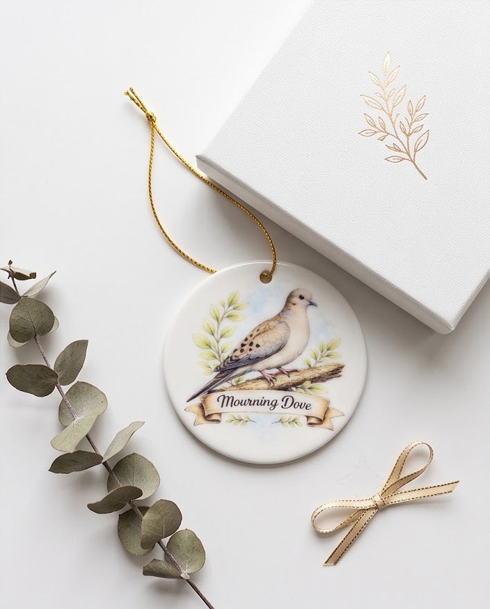 Mourning Dove Ceramic Ornament – 3" Round Woodland Keepsake