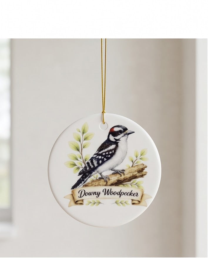 Downy Woodpecker Ceramic Ornament – 3" Round Woodland Bird Keepsake