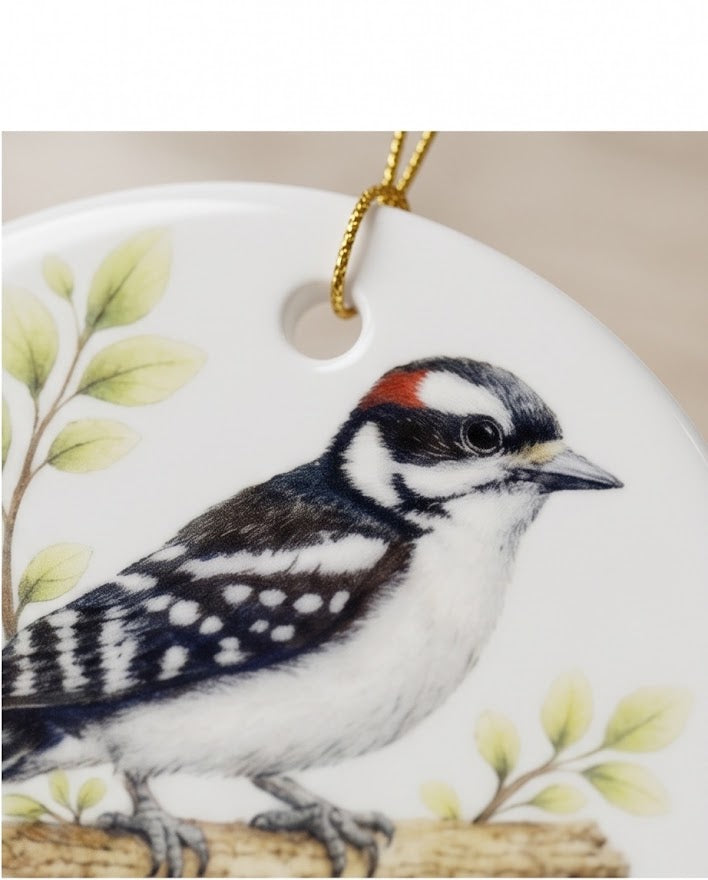 Downy Woodpecker Ceramic Ornament – 3" Round Woodland Bird Keepsake