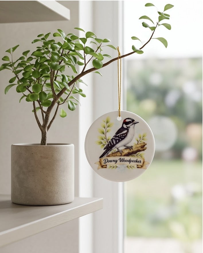 Downy Woodpecker Ceramic Ornament – 3" Round Woodland Bird Keepsake