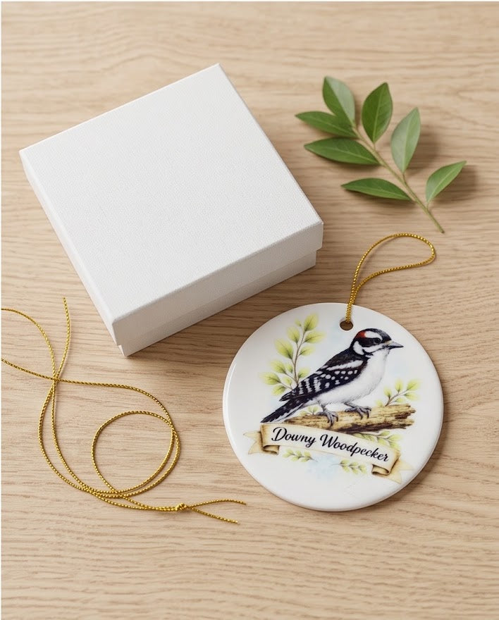 Downy Woodpecker Ceramic Ornament – 3" Round Woodland Bird Keepsake
