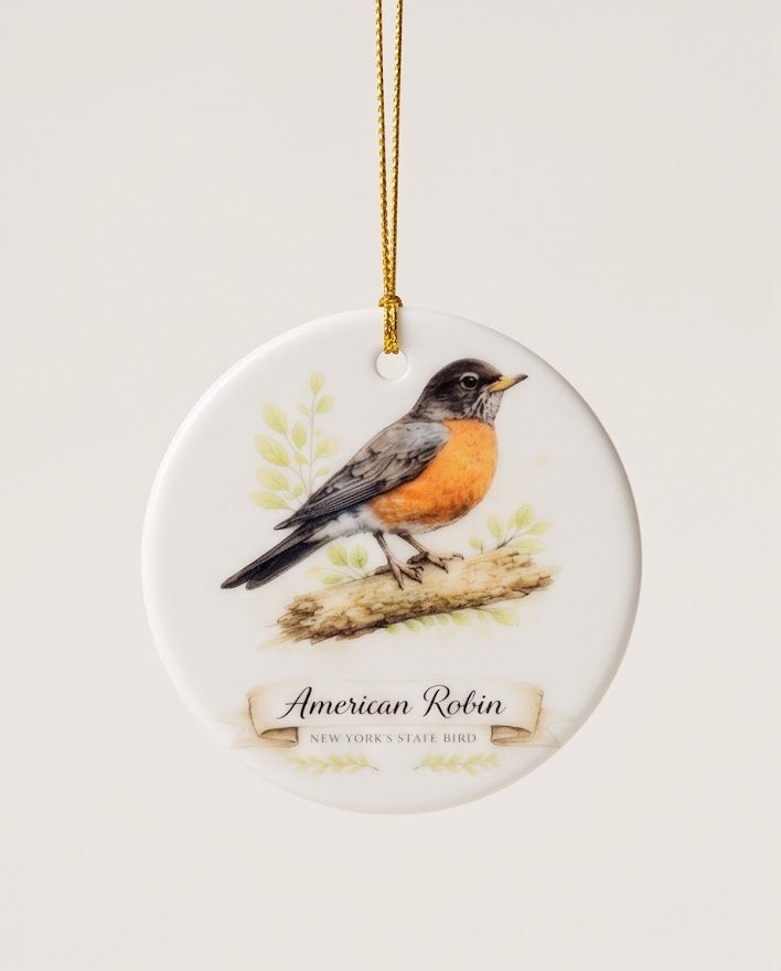 American Robin Ceramic Ornament – 3" Round New York State Bird Keepsake