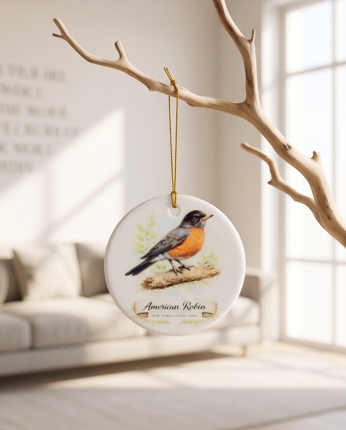 American Robin Ceramic Ornament – 3" Round New York State Bird Keepsake