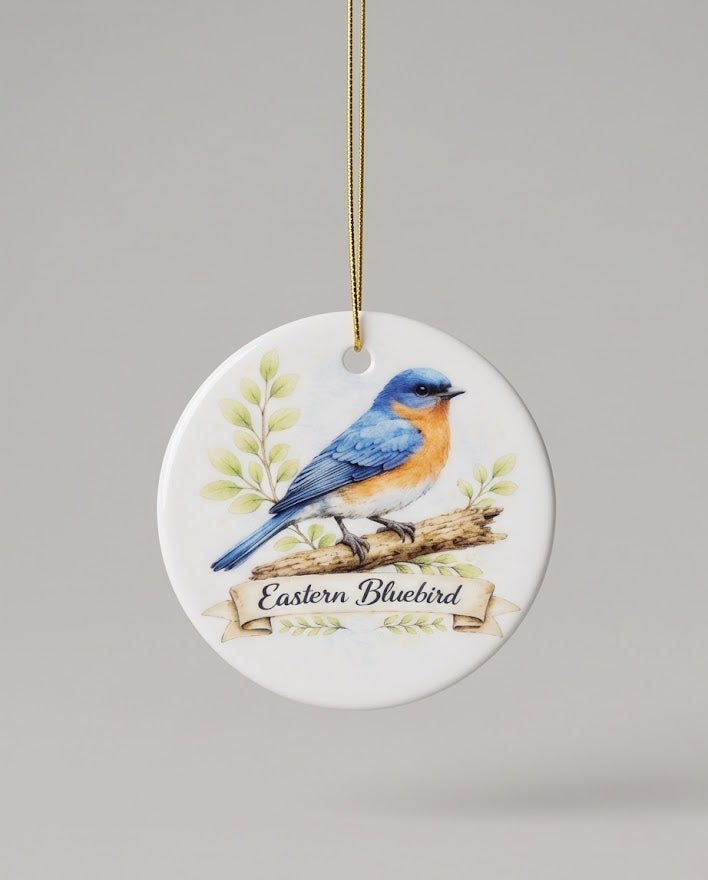 Eastern Bluebird Ceramic Ornament – 3" Round Nature Lover Keepsake