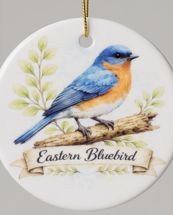 Eastern Bluebird Ceramic Ornament – 3" Round Nature Lover Keepsake