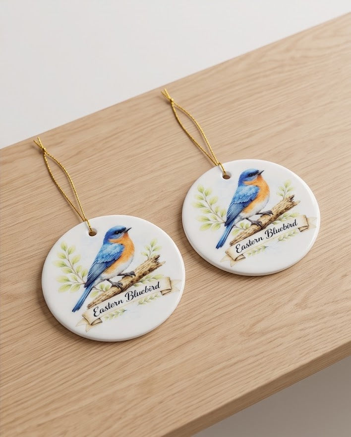 Eastern Bluebird Ceramic Ornament – 3" Round Nature Lover Keepsake
