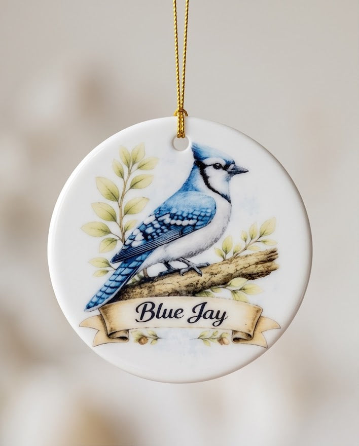 Blue Jay Ceramic Ornament – 3" Round Backyard Bird Keepsake