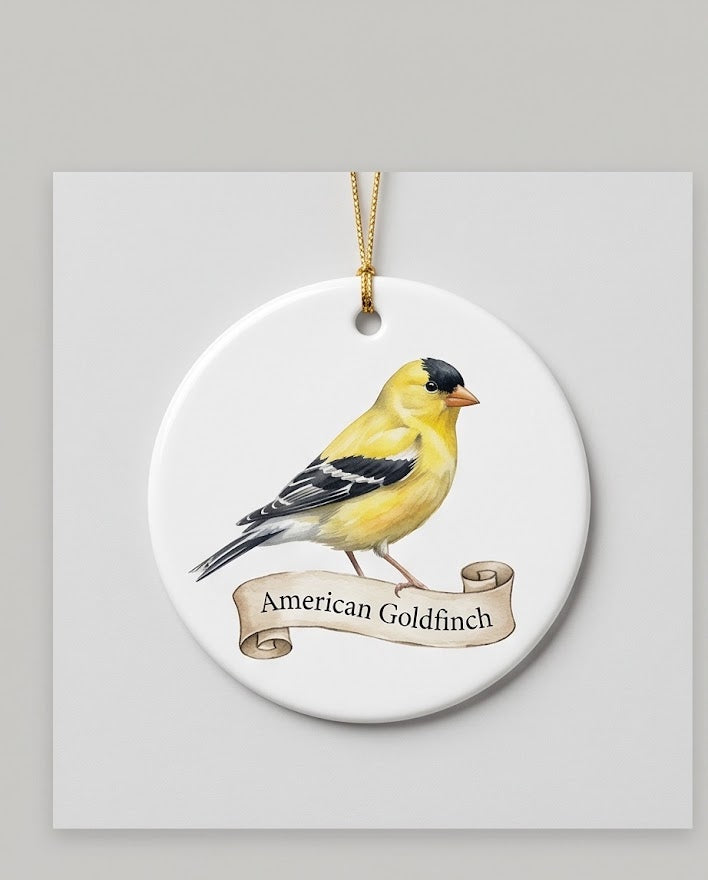 American Goldfinch Ceramic Ornament – 3" Round Bird Lover Keepsake