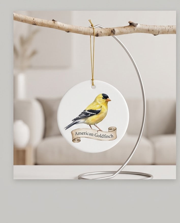American Goldfinch Ceramic Ornament – 3" Round Bird Lover Keepsake