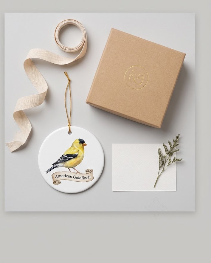 American Goldfinch Ceramic Ornament – 3" Round Bird Lover Keepsake