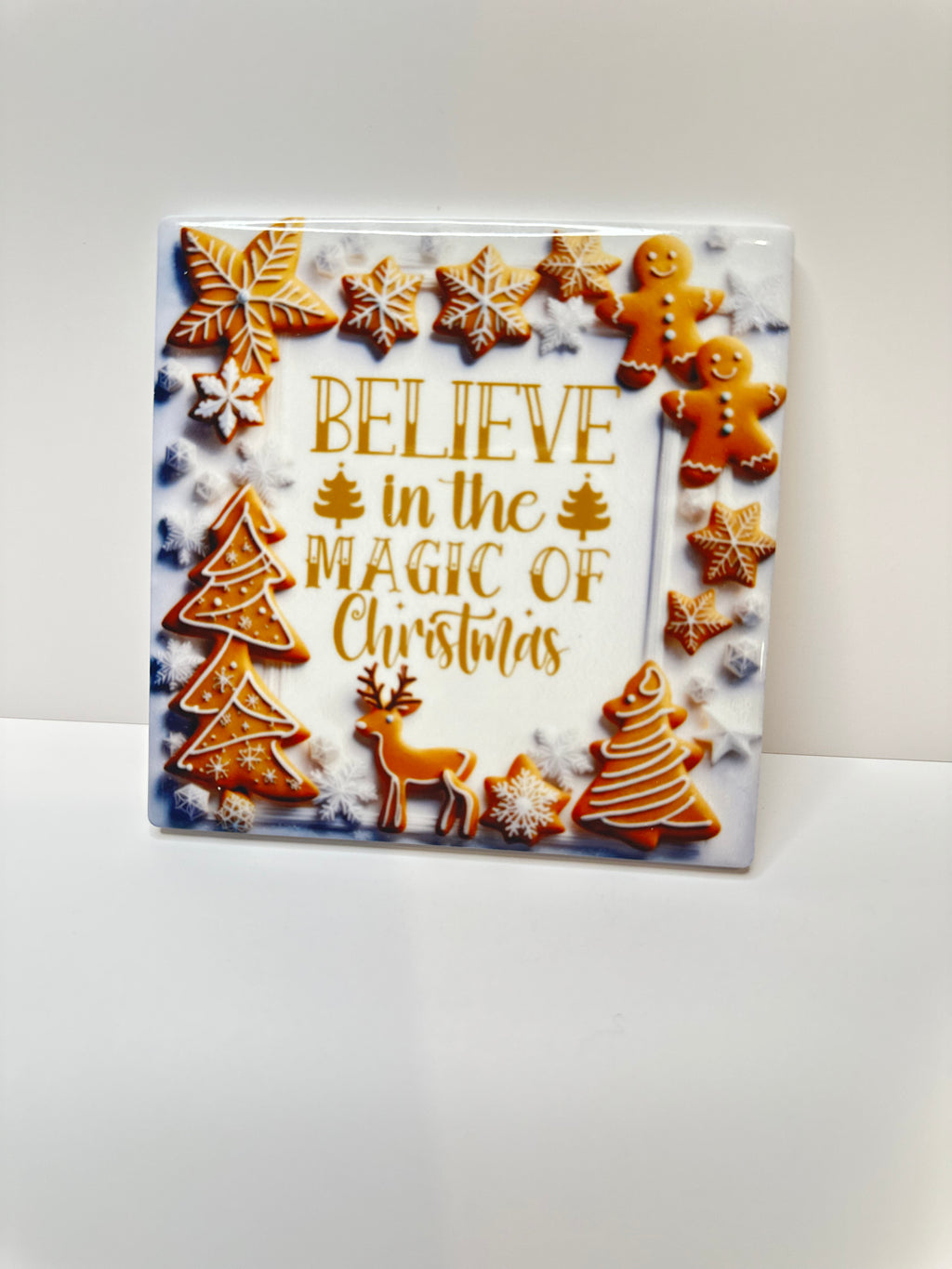 Christmas Ceramic Coaster with Cork Backing 4x4 | Gingerbread Christmas Decor | Holiday Coffee Coaster | Believe in Christmas Gift