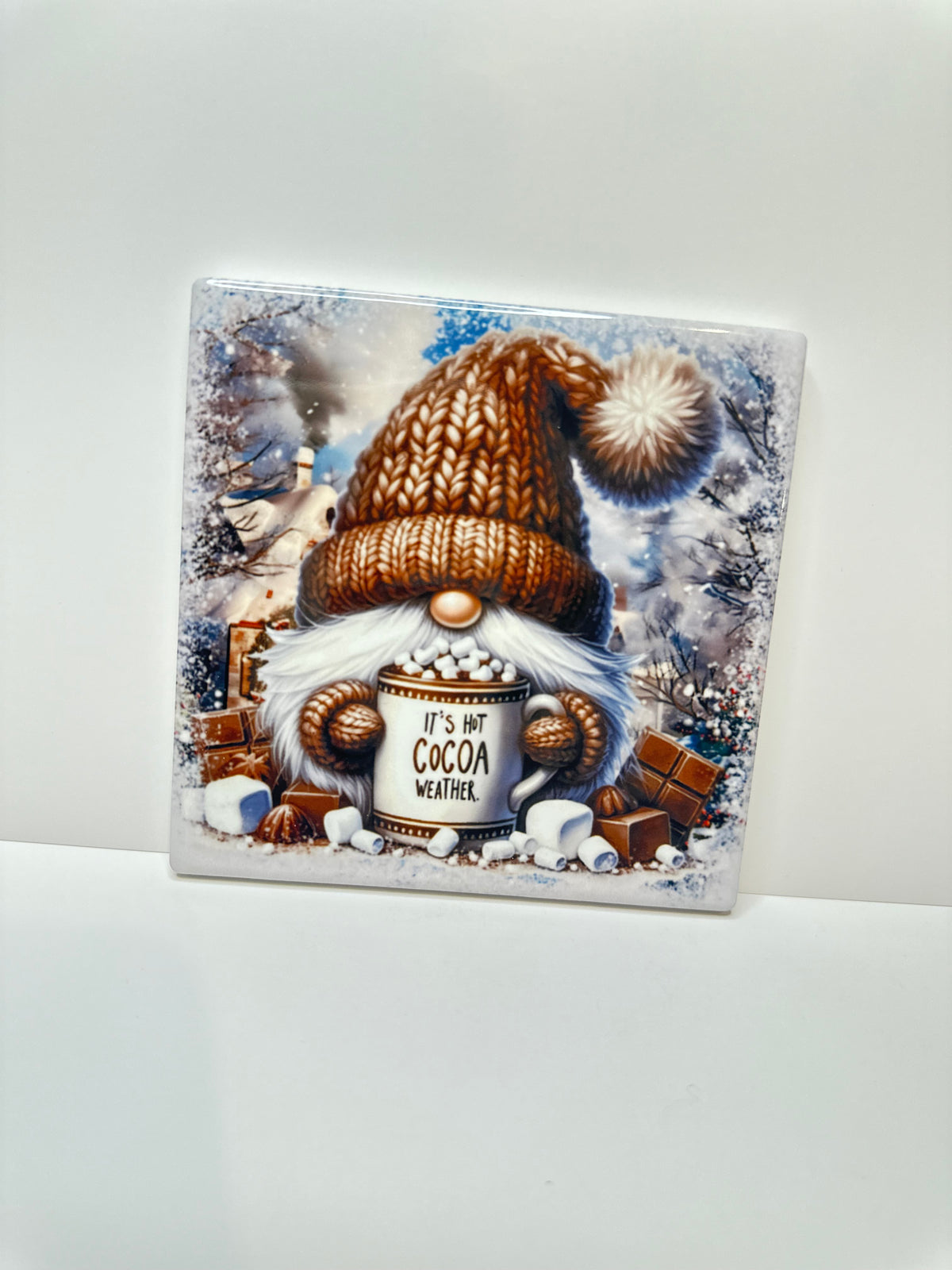 Winter Gnome Ceramic Coaster with Cork Backing 4x4 | Hot Cocoa Weather Coaster | Christmas Gnome Decor | Holiday Coffee Bar Gift -