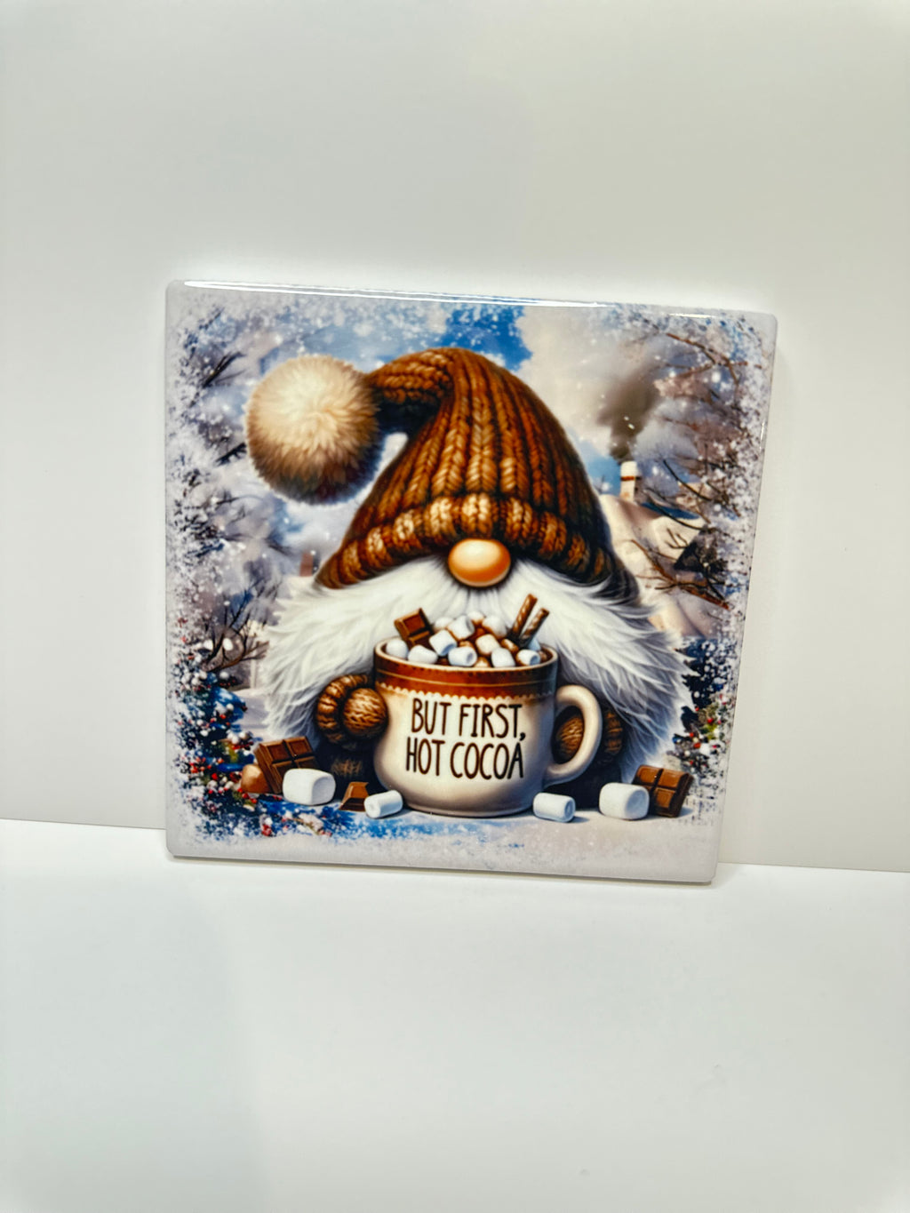 Winter Gnome Ceramic Coaster with Cork Backing 4x4 | But First Hot Cocoa Coaster | Christmas Gnome Gift | Winter Coffee Bar Decor