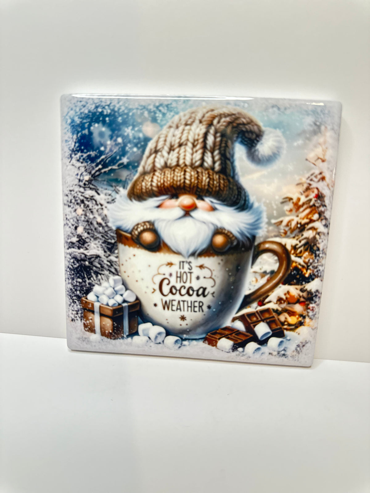 Winter Gnome Ceramic Coaster with Cork Backing 4x4 | It’s Hot Cocoa Weather | Cute Gnome Coffee Coaster | Winter Coffee Bar Decor
