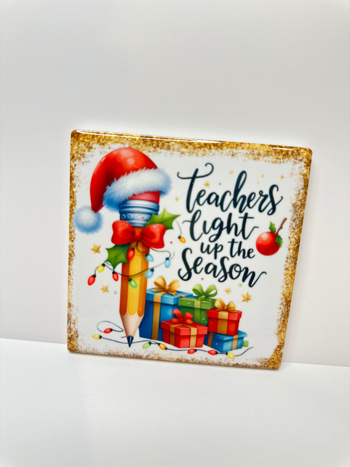 Christmas Teacher Ceramic Coaster with Cork Backing 4x4 | Teachers Light Up the Season | Teacher Christmas Gift | Holiday Desk Decor