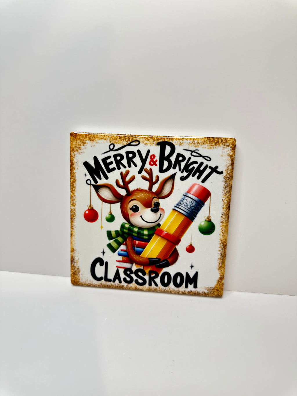 Christmas Teacher Ceramic Coaster with Cork Backing 4x4 | Merry and Bright Classroom | Cute Reindeer Teacher Gift | Holiday Desk Decor50