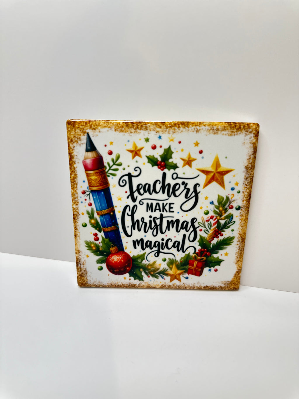 Christmas Teacher Ceramic Coaster with Cork Backing 4x4 | Teachers Make Christmas Magical | Teacher Appreciation Gift | Holiday Desk Decor