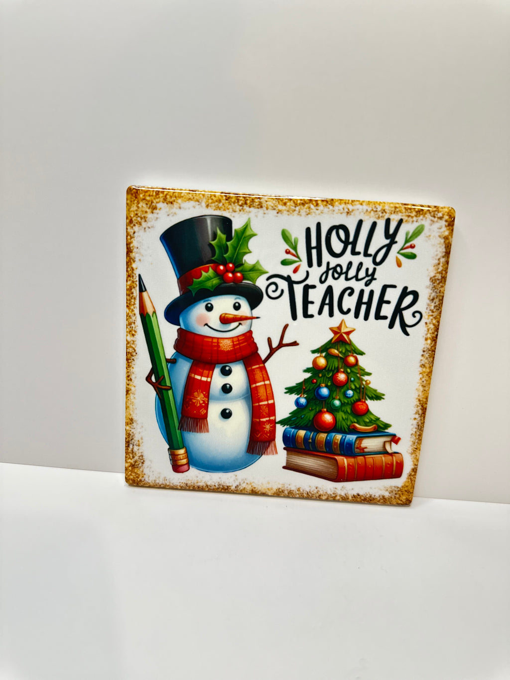Christmas Teacher Ceramic Coaster with Cork Backing 4x4 | Holly Jolly Teacher Snowman Coaster | Teacher Christmas Gift | Holiday Desk Decor