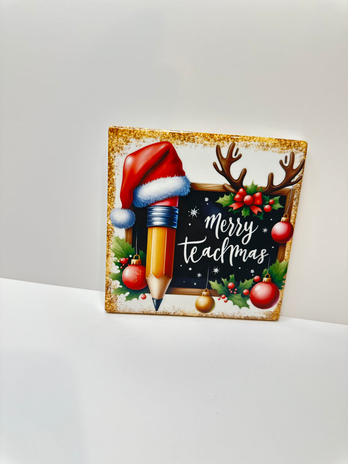 Merry Teachmas Teacher Christmas Gift | 4x4 Ceramic Coaster with Cork Backing | Holiday Teacher Appreciation Gift | Classroom Desk Decor