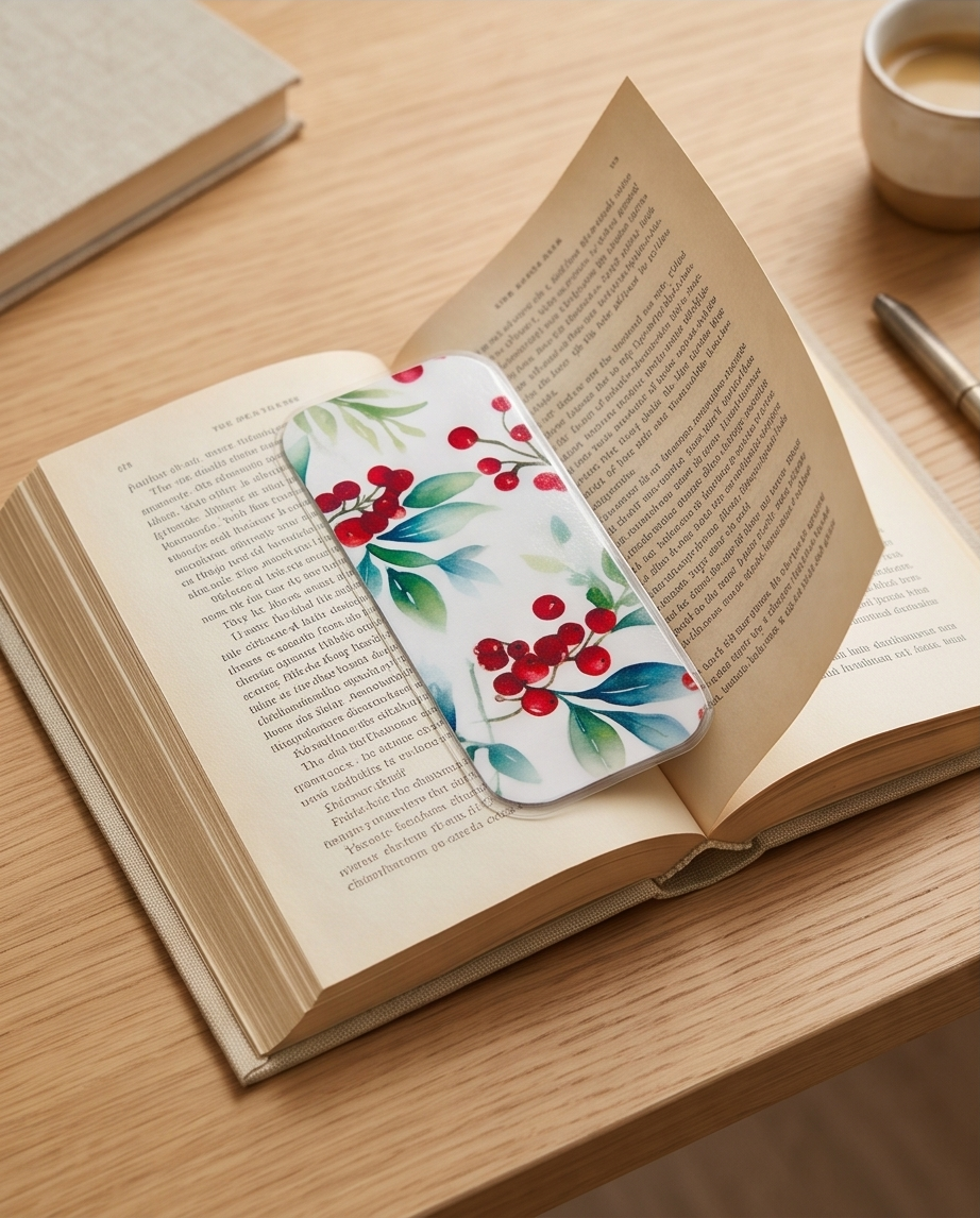 Christmas Red Berry Laminated Bookmark 2x5 | Watercolor Holiday Greenery Bookmark | Winter Book Lover Gift | Stocking Stuffer | Teacher Gift