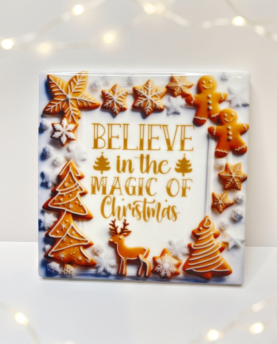 Christmas Ceramic Coaster with Cork Backing 4x4 | Gingerbread Christmas Decor | Holiday Coffee Coaster | Believe in Christmas Gift