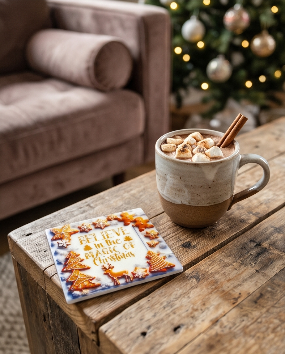 Christmas Ceramic Coaster with Cork Backing 4x4 | Gingerbread Christmas Decor | Holiday Coffee Coaster | Believe in Christmas Gift