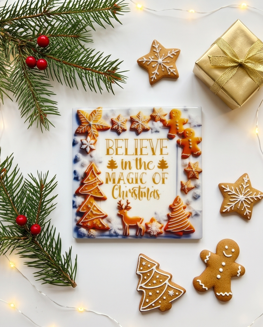 Christmas Ceramic Coaster with Cork Backing 4x4 | Gingerbread Christmas Decor | Holiday Coffee Coaster | Believe in Christmas Gift