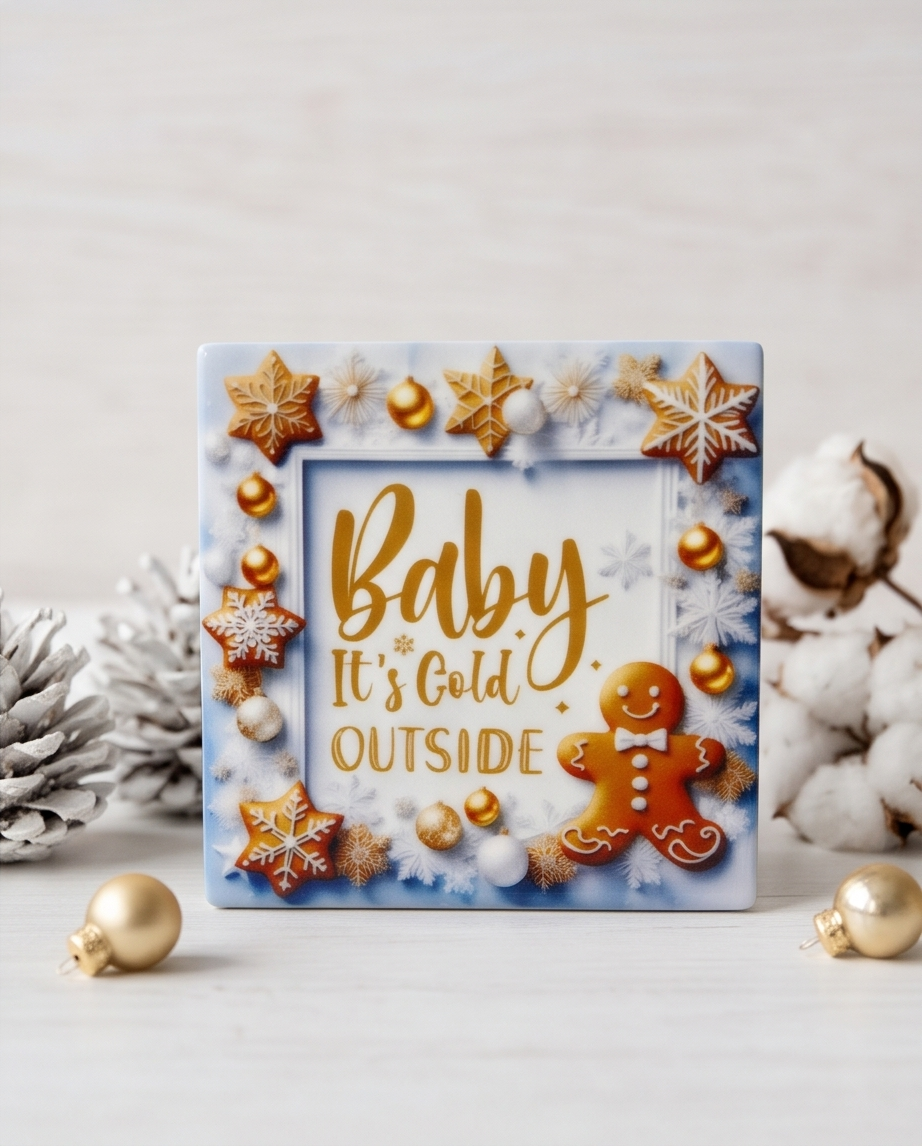 Christmas Ceramic Coaster with Cork Backing 4x4 | Baby It’s Cold Outside Gingerbread Coaster | Winter Coffee Bar Decor | Holiday Gift