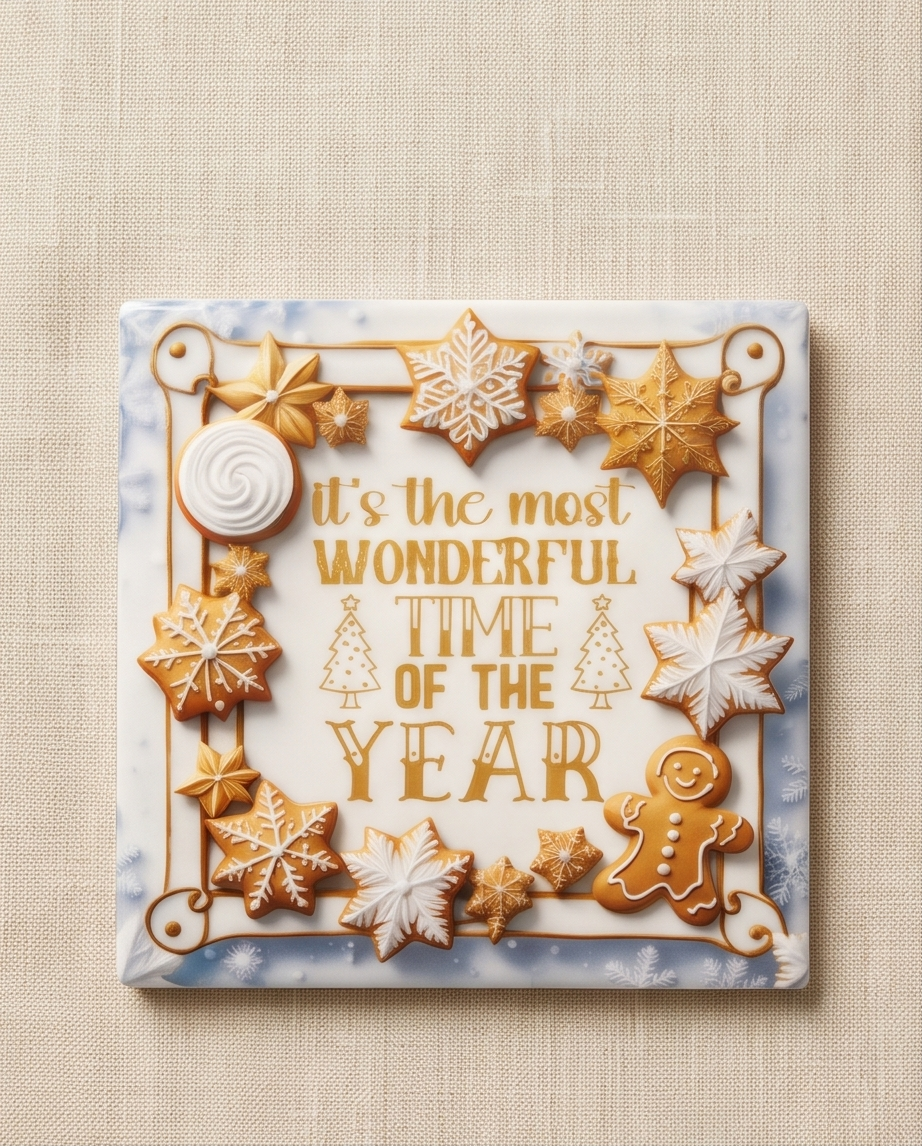 Christmas Ceramic Coaster with Cork Backing 4x4 | Most Wonderful Time of the Year | Gingerbread Holiday Coaster | Christmas Coffee Bar Decor